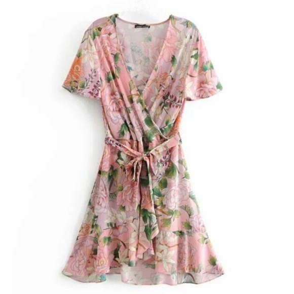 Boho Vintage Floral Print Ruffle Dress Pink Twirl - Picture 2 of 8
